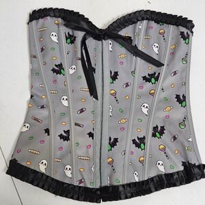 LittleForBig Corset Women XS Grey Halloween Ghost Bat Candy Ruffle Lace Up Goth
